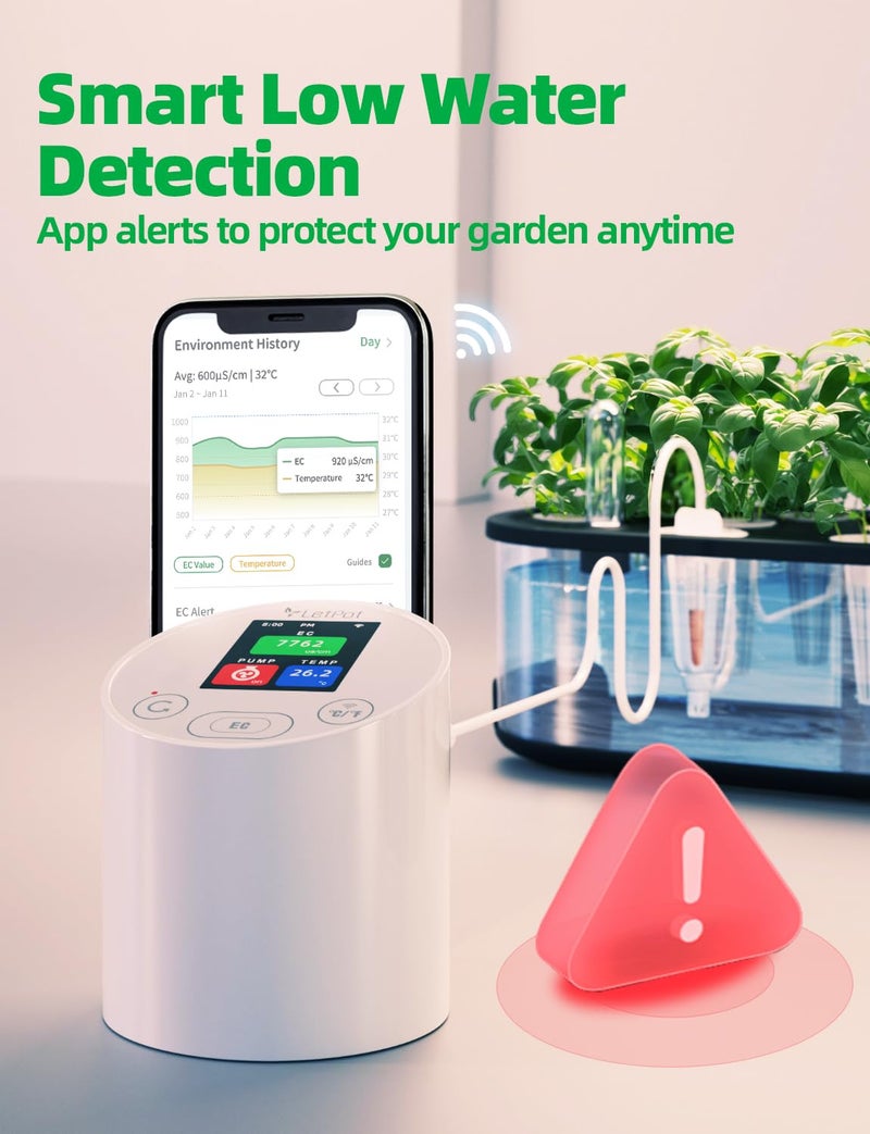 LETPOT Store مقياس EC ودرجة الحرارة مع تطبيق ومضخة مياه، مسبار متعدد الطبقات مطلي بالكهرباء، تذكير بنقص المياه، مقياس الموصلية لنظام الزراعة المائية وزراعة النباتات الداخلية (مع مضخة) - Image 5